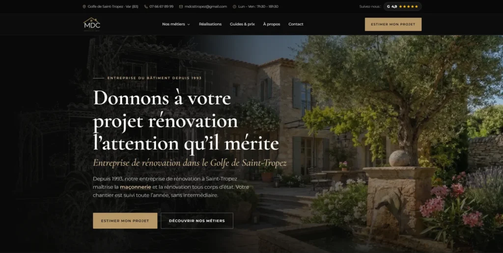 Site internet MDC Rénovation à Saint-Tropez créé par Web'up : maçonnerie et rénovation tous corps d'état dans le Golfe (83)