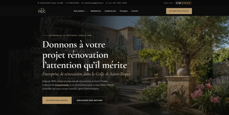 Site internet MDC Rénovation à Saint-Tropez créé par Web'up : maçonnerie et rénovation tous corps d'état dans le Golfe (83)