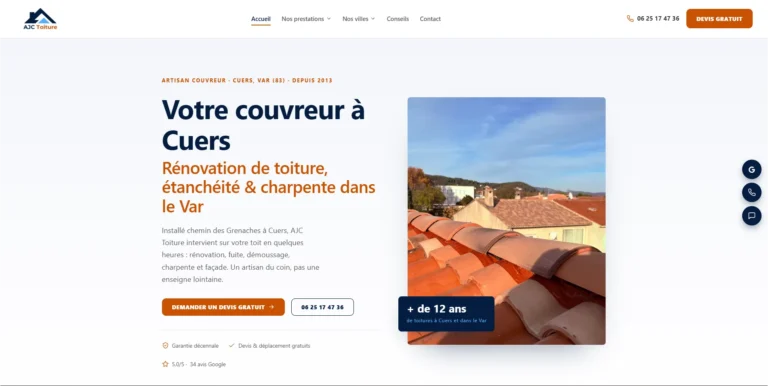 Site internet d'AJC Couvreur, couvreur dans le Var, réalisé par l'agence Web'up