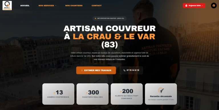 Site internet de Quali Toiture, couvreur à La Crau, réalisé par Web'up