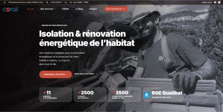 Site internet de l'entreprise Corail, isolation dans le Var, réalisé par Web'up