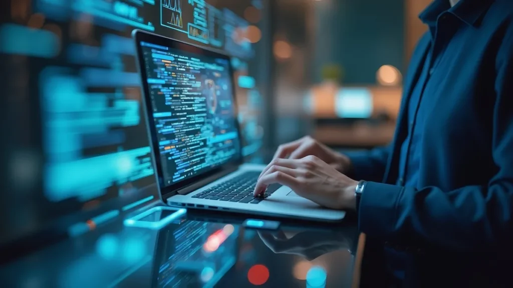 Mains sur le clavier d'un ordinateur portable affichant du code, poste de travail d'une agence SEO