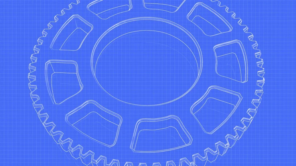 Plan technique bleu d'un engrenage, illustration des étapes de conception d'un agent IA sur mesure