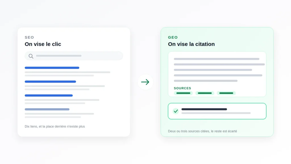 GEO et SEO comparés : une liste de liens Google face à une réponse d'IA qui cite ses sources