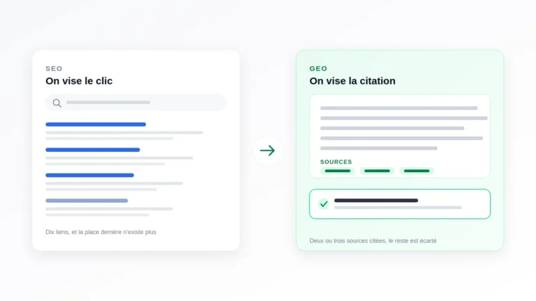 GEO et SEO comparés : une liste de liens Google face à une réponse d'IA qui cite ses sources