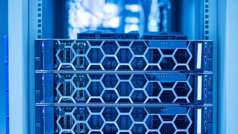 Baies de serveurs dans un centre de données, l'infrastructure d'un hébergement WordPress