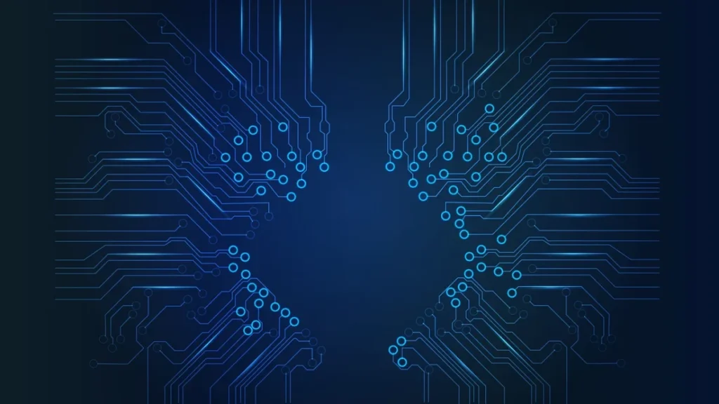 Circuit électronique bleu sombre, illustration des workflows d'automatisation n8n