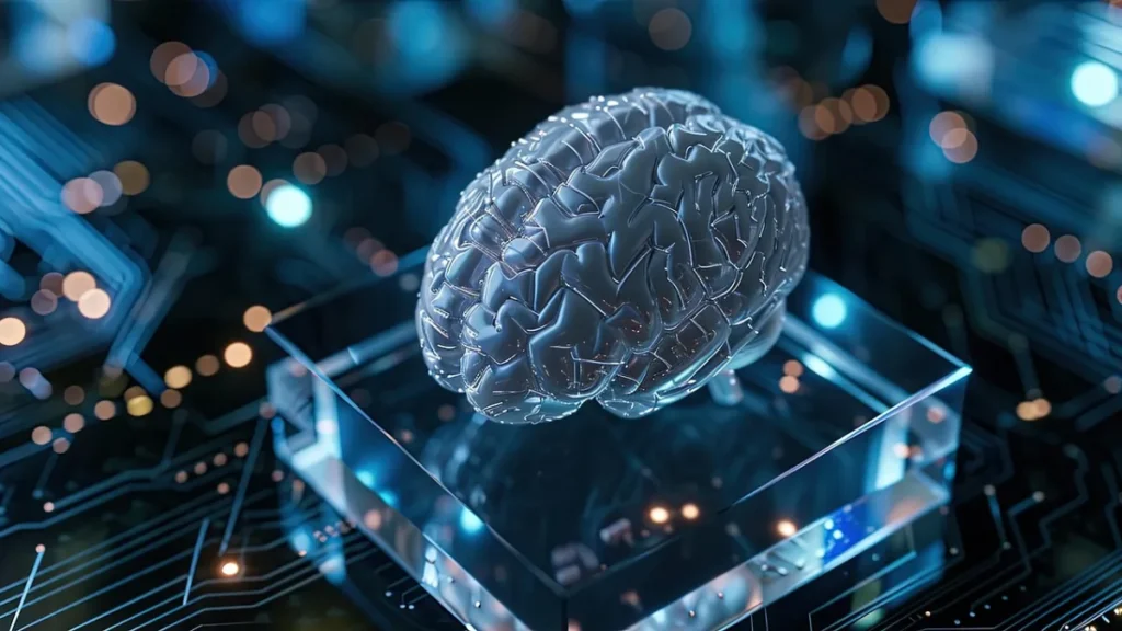 Cerveau translucide posé sur une carte électronique, illustration du choix des sources par une intelligence artificielle