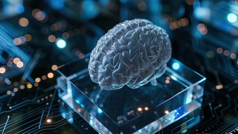 Cerveau translucide posé sur une carte électronique, illustration du choix des sources par une intelligence artificielle