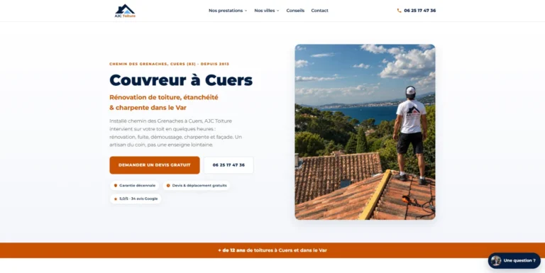 Site internet d'AJC Toiture, couvreur à Cuers dans le Var, réalisé par Web'up