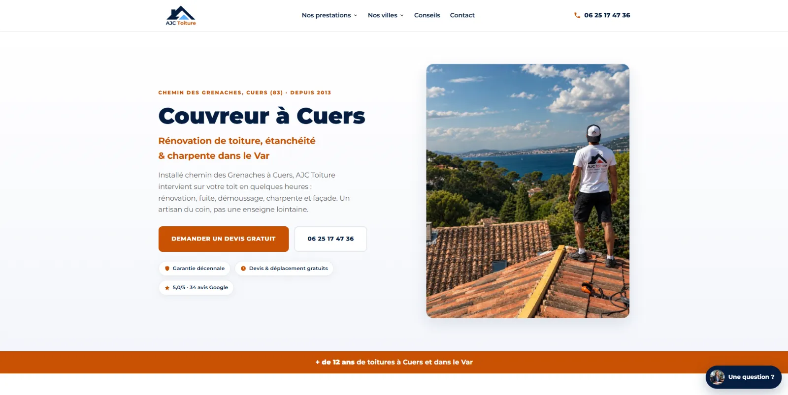 Site internet d'AJC Toiture, couvreur à Cuers dans le Var, réalisé par Web'up