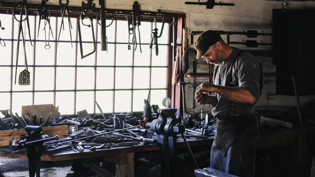 Artisan au travail dans son atelier, entouré de ses outils