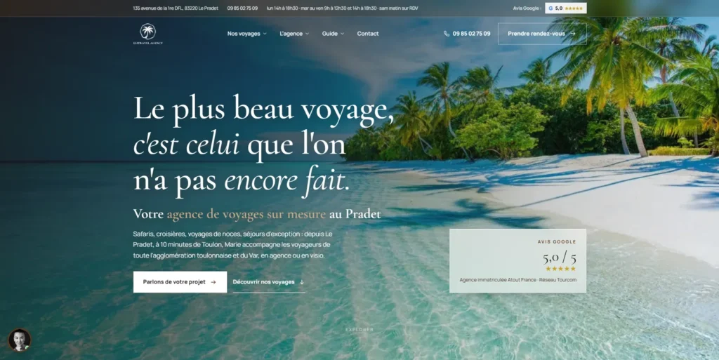 Site internet Elitravel Agency, agence de voyages au Pradet, réalisé par Web’up