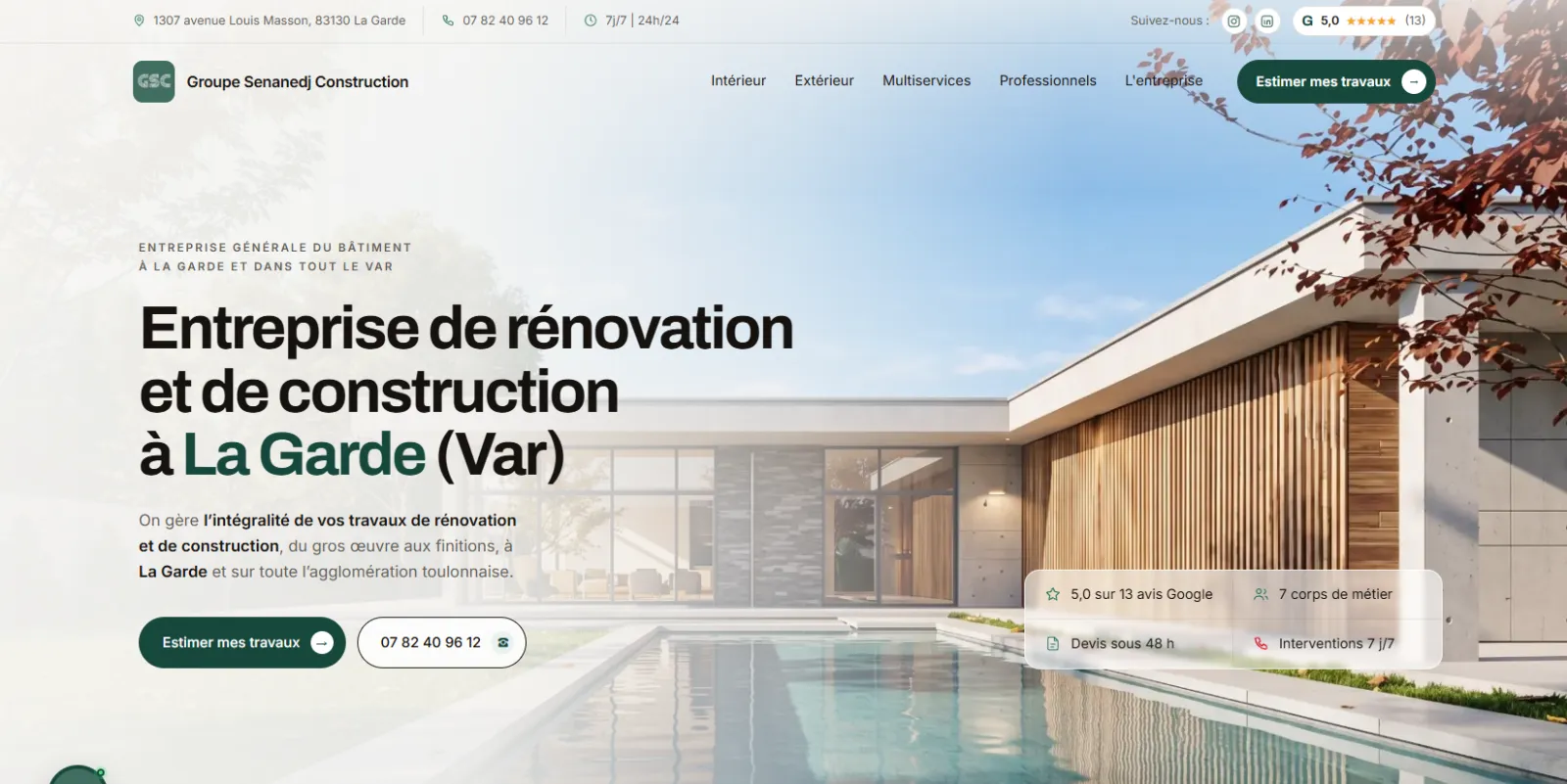 Site internet de Groupe Senanedj Construction, entreprise de rénovation à La Garde, réalisé par Web’up