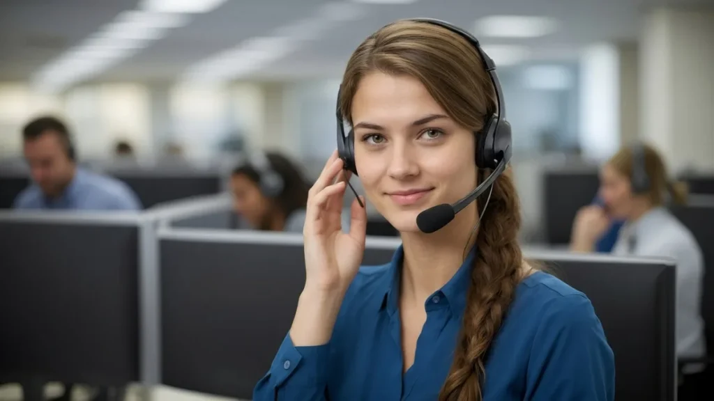 Personne portant un casque téléphonique dans un bureau, illustration d'un standard téléphonique en TPE