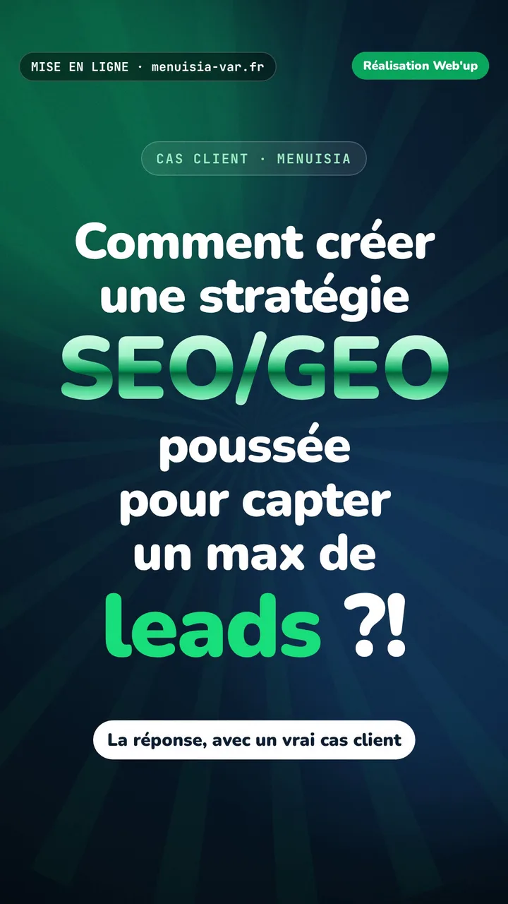Vidéo de l’étude de cas Menuisia : stratégie SEO et GEO, simulateur de prix et tableau de bord