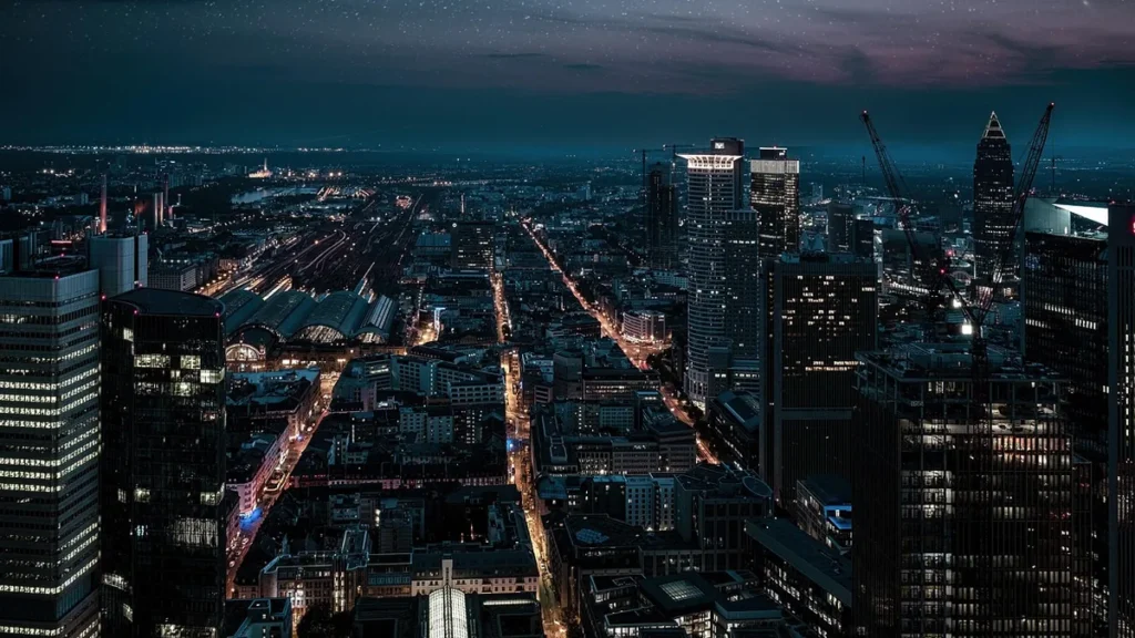 Ville vue d'en haut à la tombée de la nuit, rues éclairées, illustration de la visibilité locale dans les réponses des IA