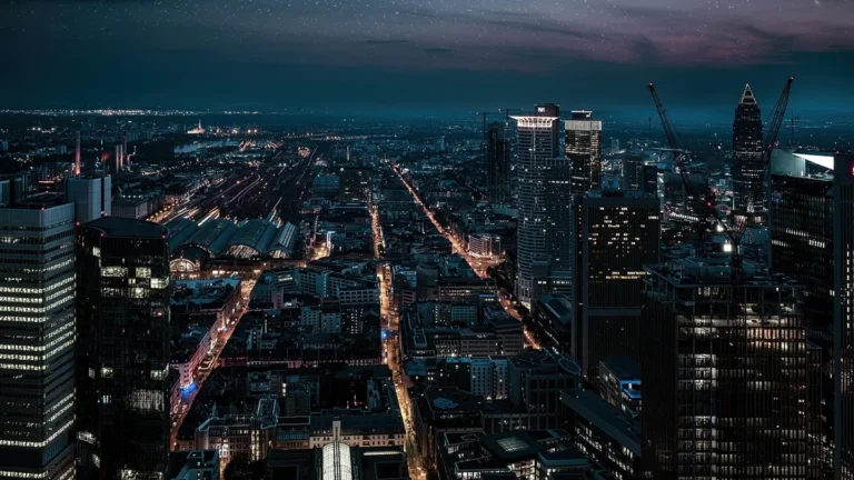 Ville vue d'en haut à la tombée de la nuit, rues éclairées, illustration de la visibilité locale dans les réponses des IA