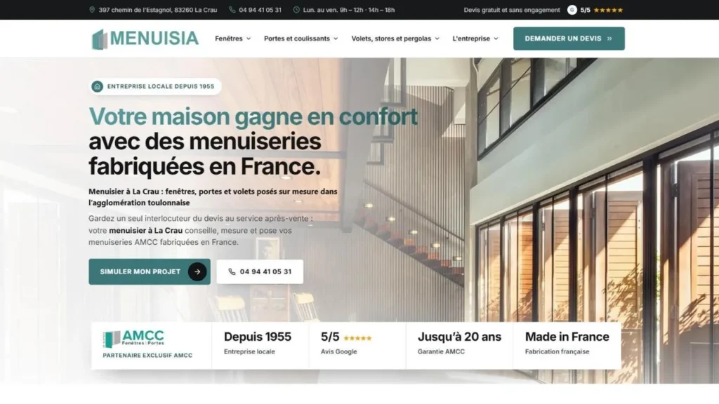 Site internet Menuisia, menuiserie à La Crau, réalisé par Web'up