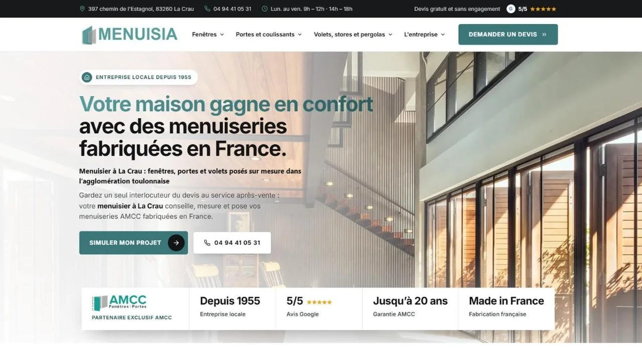 Site internet Menuisia, menuiserie à La Crau, réalisé par Web'up